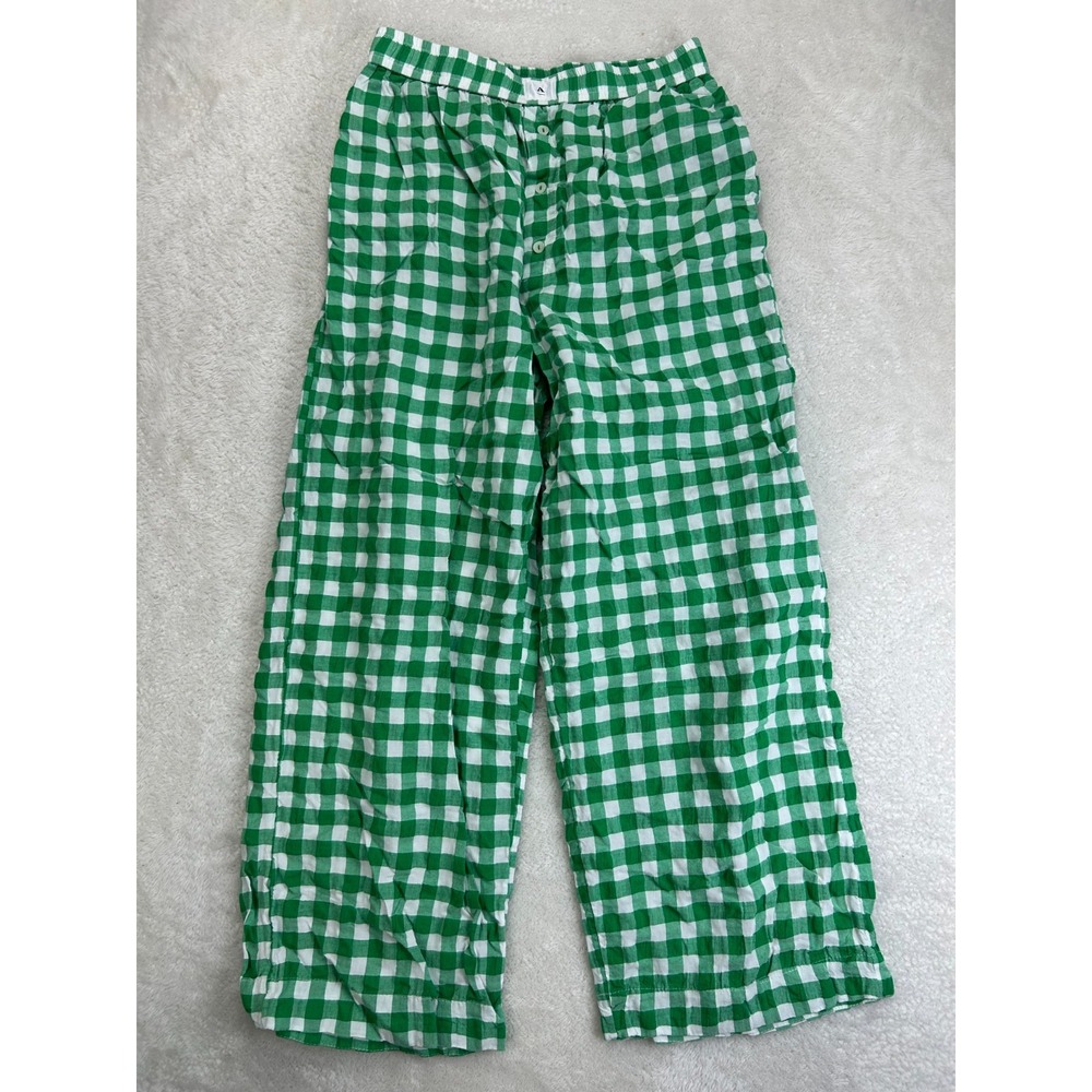 Anthropologie Wide Leg Lounge Pants Womens S Green Gingham Elastic High Waist